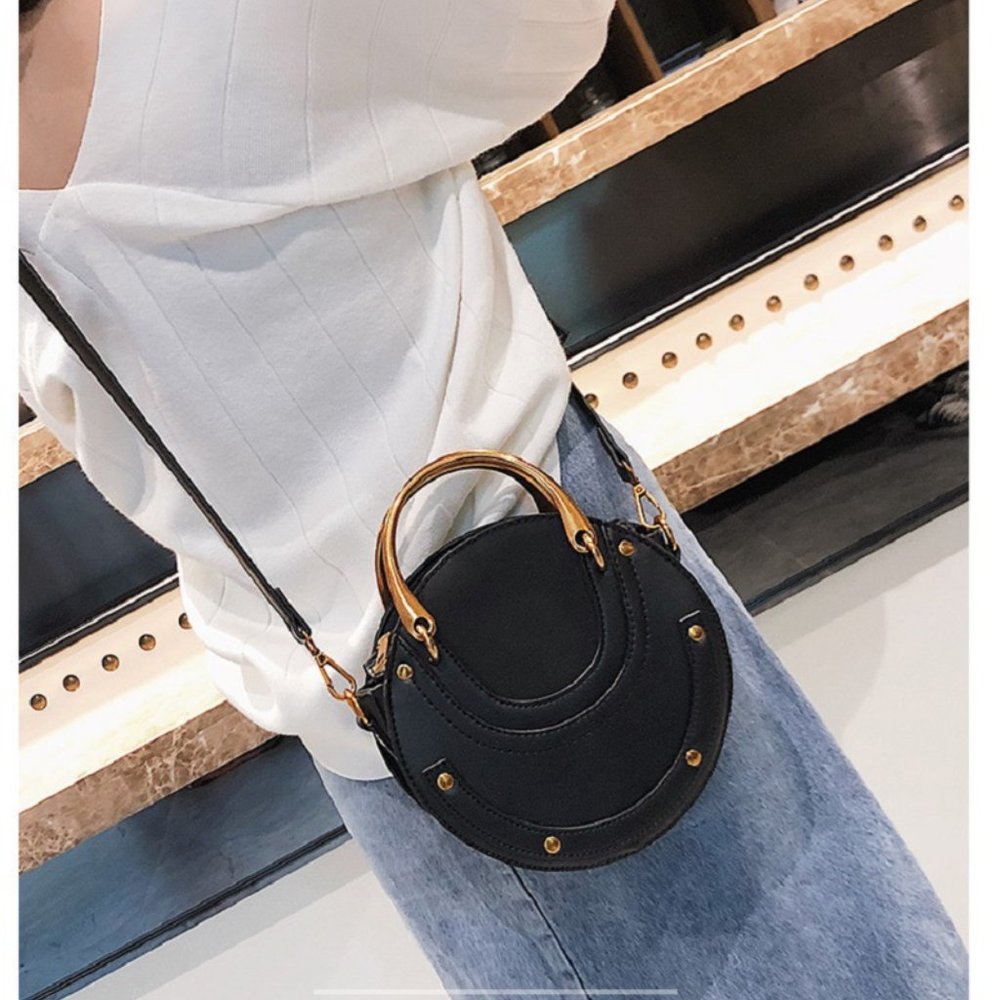 Round Leather Crossbody Bag Small Purse Womens Crossbody Bag - Black - Picture 10 of 12
